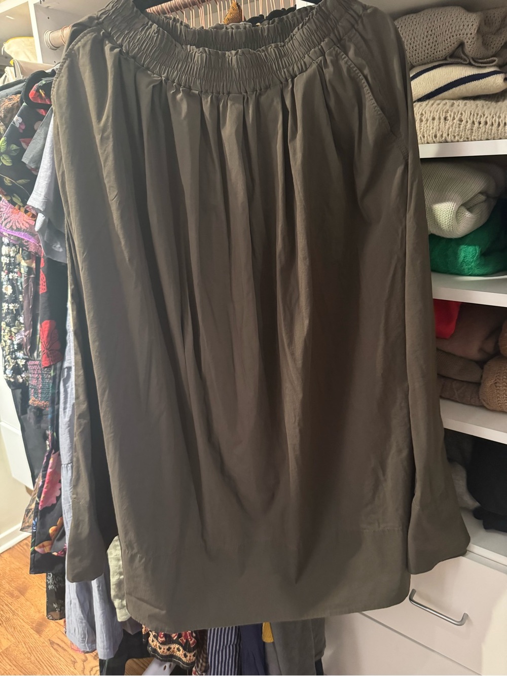 Zara Olive Green A-Line Midi Skirt with Smocked Waist